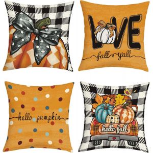 Cauc-Housse Coussin 45x45 Lot De 4 Automne Citrouille Taie D'oreiller Thanksgiving Noir Plaid Camion Ferme Housse D'oreiller Pour Coussins Canap&eacute; Housses Home D&eacute;cor - Neuf
