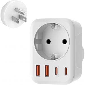 JGD-Adaptateur USA prise 5 en 1 avec 1 AC 2 USB-C 2 USB-A (3.4A), Adaptateur de voyage EU to US pour Am&eacute;rique, Canada, Tha&iuml;lande, Mexique (blanc/type B) - Neuf