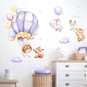 ERYI-Stickers Muraux Enfant Montgolfières & Animaux - Autocollant Mural Lapin/Tigre/Éléphant - Déco Murale Ludique Amovible Sans Trace Pour Chambre Enfant/Salon - Décorations Ludiques - Neuf