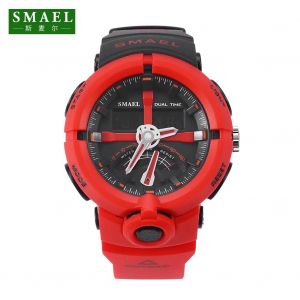 Smael Analogique Et Num&eacute;rique &Agrave; Double Affichage Led R&eacute;tro&eacute;clairage Montre Ronde Montre-Bracelet Bande Rouge - Neuf