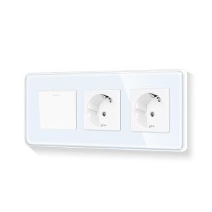 Schuko Interrupteur rond 1 compartiment 1 voie avec double prise Cadre en verre Prise murale Blanc 110-250 V 228 mm - Neuf
