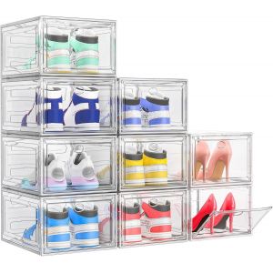 MEVRONISSHOP-Bo&icirc;tes &agrave; chaussures, Lot de 9, Bo&icirc;te &agrave; Chaussures en Plastique Transparent Empilable, Conteneurs Organisateurs de Chaussures Pliables et Robustes avec Porte pour Femmes/Hommes, Blanc - Neuf