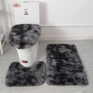 KAL-Lot De Tapis De Bain Antidérapant, 3 Pièces, Tapis Contour Toilette À Poils Longs, Shaggy Couvercle Pour Abattant Wc Tie Dye Noir - Neuf