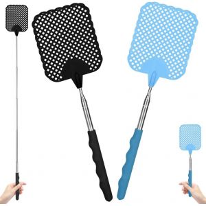 KALANKA-Tapettes à Mouches Extensible, 2 Pièces Tapetteà Mouche Main Tapette à Mouches Télescopique et Durable avec Poignée en Acier Inoxydable pour Les Mouches Moustiques Nuisibles (Noir et Bleu) - Neuf