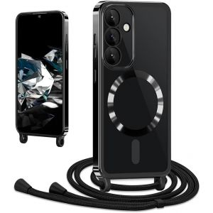 Kal-Coque Avec Cordon Pour Samsung Galaxy A15 4g/5g, Coque Magnétique De Cellulaire Corde Transparent Silicone Étui En Galvanisé Avec Réglable Collier Téléphone Chaîne Lanyard Housse, Noir - Neuf