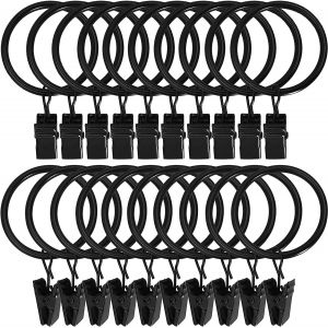 Lot de 30 anneaux de rideaux en métal robustes avec clip antirouille, compatibles avec les tringles à rideaux jusqu'à 2,5 cm, noir - Neuf