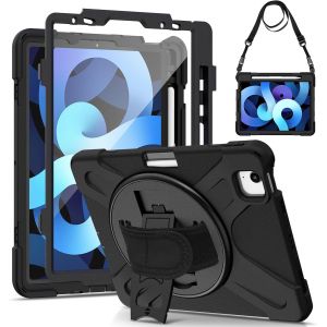 Coque Antichoc pour iPad Air 11 Pouces M3/M2 (2025/2024), Air 5&egrave;/Air 4&egrave;/Pro 11 (4&egrave;/3&egrave;/2&egrave;/1&egrave;), &Eacute;tui Robuste avec Protection d'&eacute;cran, Support Rotatif, Dragonne et Bandouli&egrave;re, Porte-Stylet, Noir - Neuf