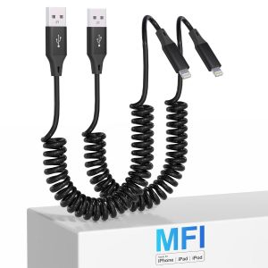 Lot de 2 C&acirc;ble Lightning Spiral&eacute;, certifi&eacute;s Ap-ple Carplay et MFi, chargeur C&acirc;ble iPhone r&eacute;tractable avec transmission de donn&eacute;es, cable recharge iphone court pour iPhone/Pad/Pod - Neuf