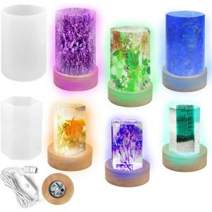Lot De 2 Moules Cylindriques En R&eacute;sine &Eacute;poxy, Moule Hexagonal En R&eacute;sine Et Base Lumineuse En Bois Avec Alimentation Usb Pour Bricolage, D&eacute;coration De Bureau, Lampe De Table, D&eacute;coration - Neuf