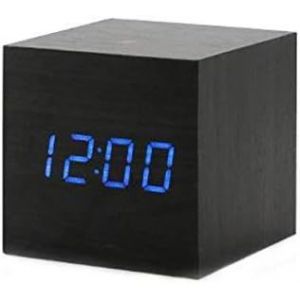 Réveil Numérique LED Portable,Mini Horloge Silencieux avec Simple Minimaliste Cloche en Boie Température Calendrier Activation Vocale pour Maison Bureau Voyage AC10 Black_Blue - Neuf