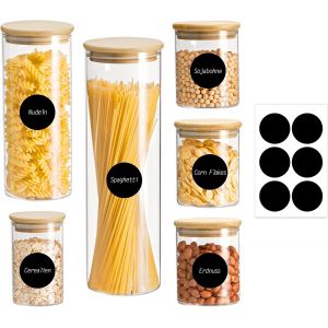 Checarzhn--No1-Lot De 6 Boîtes De Conservation En Verre Avec Couvercle - 300 Ml (3 Pièces) - 500 Ml - 1000 Ml - 2100 Ml - Verres À Épices Hermétiques Pour Pâtes, Spaghettis, Céréales, Haricots - Neuf