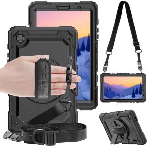 Coque Compatible Avec Samsung Galaxy Tab A7 Lite 2021 8.7 Pouces (Sm-T220/T225) Rigide, Protection Anti Choc Avec Support Pivotant 360 Degrés, Bandoulière Épaule Et Prise Main - Noir - Neuf