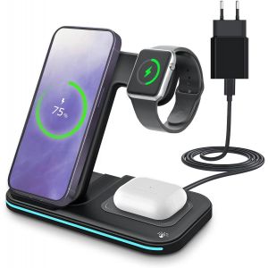 Chargeur sans Fil pour iPhone, Apple Watch et AirPods par - 15W Support de Charge sans Fil 3 en 1 pour MagSafe - Station d'accueil pour Charge Rapide - Adaptateur 20W Inclus - Noir - Neuf