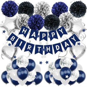 Mevronisshop-D&eacute;corations D'anniversaire - Banni&egrave;re &laquo; Happy Birthday &raquo;, Pompons - Pour Gar&ccedil;ons, Filles, Hommes, Femmes (Bleu Marine, Noir, Argent&eacute;) - Neuf
