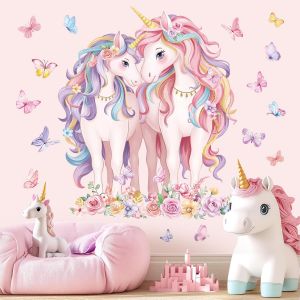 ERYI-Stickers Muraux Enfants Licorne Grand Autocollant Mural Licorne Fleur Papillon Décoration Murale Chambre Fille Bébé Pépinière Salon - Neuf