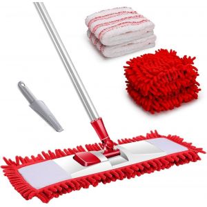 Moiuy-Balai Serpillère, Balai Plat Rotatif À 360°, Balais Serpillere Microfibre Avec 4 Serpillere Tampons En Chenille, Balais Sec & Humide Nettoyer Sol Pour Toutes Les Taches De Sol (Rouge) - Neuf