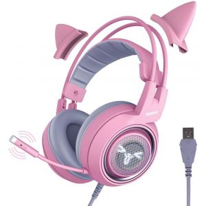 KALANKA-SOMIC G951pink Casque de jeu USB pour PC, PS4, PS5, ordinateur portable, casque de jeu USB avec micro antibruit, lumi&egrave;re LED, son surround virtuel 7.1 pour filles et femmes - Neuf