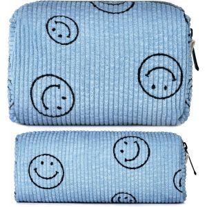Grande Capacité Sac de Voyage Toilette (Bleu), en Velours côtelé trousse de Maquillage avec un Visage Souriant, Multifonctionnel fermeture à Glissière Sac de Toilette pour le Voyage et salle de Bains - Neuf