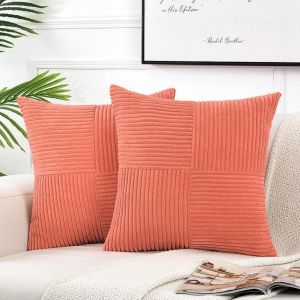 Tianyi-Lot De 2 Boho Housse De Coussin 60x60 Rouge Corail,À Motif Croisé Decoration Housses De Coussin En Velours Côtelé,Douillet Taie D'oreiller Housse Coussin Moderne Pour Canapé Chambre Chaise Lit - Neuf
