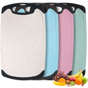 Planche &Agrave; D&eacute;couper Plastique Set 4 Pi&egrave;ces, Planches &Agrave; D&eacute;couper Anti-D&eacute;rapantes Avec Rainure De Jus, Sans Bpa, Mat&eacute;riau Paille De Bl&eacute;, 35x21 Cm (Rose, Vert, Bleu, Beige)&iquest; - Neuf