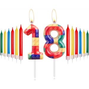 Eryi-Blocs De Construction D'anniversaire En Forme De Chiffre 18 Bougies Rouges, Jaunes, Vertes, Bleues Pour Gâteaux, Bougies De Fête, Bougies De Gâteau D'anniversaire Sur Le Thème Des Blocs De - Neuf