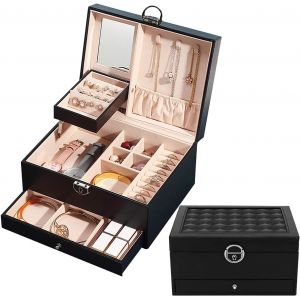 Grande Bo&icirc;te &Agrave; Bijoux Avec Miroir Et Couvercle De Verrouillage, 2 Niveaux De Rangement Pour Bijoux, Boucles D'oreilles, Bagues, Colliers Pour Femmes Et Filles &iquest; Similicuir Noir (Blanc) - Neuf