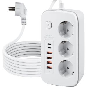 Multiprise escamotable à 3 Compartiments avec 4 Ports USB, Prise de Table avec 2 Ports USB C, Prise encastrable avec Interrupteur, pour Table de Bureau, câble de 2 m, Blanc - Neuf