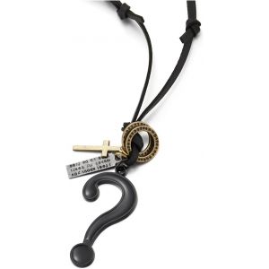 Kal-Point D'interrogation Pendentif Noir - Croix Et Anneau Charmes - Cuir Collier Pour Homme- Cordon En Cuir R&eacute;glable - Neuf
