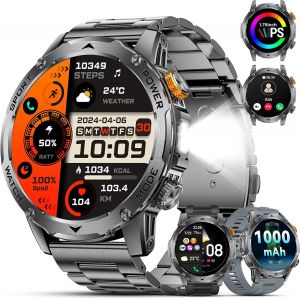 Montre Connectée Homme 1000mah/Led Lampe/5atm Étanche,1.75"" Militaire Smartwatch Homme Avec Appel Bluetooth,113 Modes Sportifs,24h Sommeil/Fréquence Cardiaque/Podomètre Android Ios 3 Bracelets - Neuf