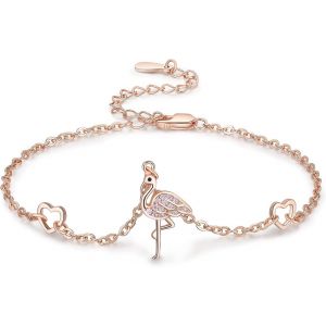 Bracelet Pingouin/Flamant Rose/Marguerite En Argent Sterling 925 En Or Rose Flamant Rose Bijoux Mignon Animal Flamant Rose Cadeaux Pour Femmes Et Filles - Neuf