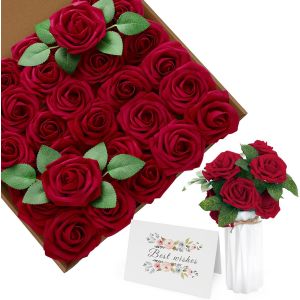 30 Rouge Roses Artificielles, 8cm Fleurs Artificielles en Mousse,Latex Faux Roses avec Carte, Rose Artificielles &agrave; Longues Tiges pour Mariage Bouquets Saint Valentin,Cadeau Fete des Meres - Neuf