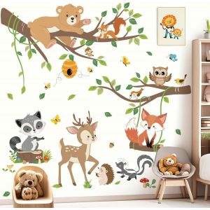 ERYI-Stickers Muraux Enfant Animaux Forêt Arbre Branche Autocollant Mural Ours Cerf Renard Feuilles Décoration Murale Bébé Pépinière Chambre Enfants - Neuf
