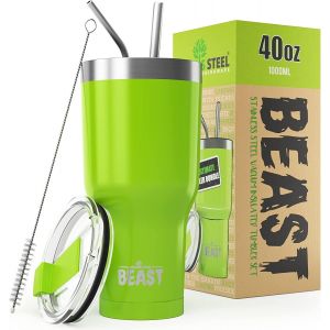 Cmws-Beast Tumbler U2013 1050 Ml (40 Oz), Vert Citronnelle | Gobelet Isotherme En Acier Inoxydable R&eacute;utilisable | Avec 2 Pailles Et Brosse De Nettoyage | Double Paroi, Id&eacute;al Pour Caf&eacute; Chaud Ou Glac&eacute; - Neuf