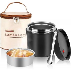Mevronisshop-Bo&icirc;te Alimentaire Isotherme Chaud 1,2 L R&eacute;cipient Alimentaire Isotherme Avec Sac Bo&icirc;te Repas Isotherme Longue Dur&eacute;e Lunch Box Isotherme Inox Avec Cuill&egrave;re (Noir) - Neuf