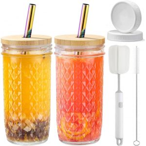 Lot De 2 Gobelets En Verre Avec Couvercles En Bambou Et Pailles, Tasse &Agrave; Th&eacute; Aux Perles De 710 Ml Avec 2 Couvercles Herm&eacute;tiques, Tasse &Agrave; Caf&eacute; Glac&eacute;, Gobelet R&eacute;utilisable Pour Smoothie, Jus, - Neuf