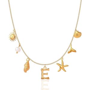 Kal-Colliers À Breloques Initiales Pour Femmes Et Filles, Colliers Plaqués Or 14 Carats Avec Lettres De A À Z, Coquillages, Bohème, Été, Coquillages, Alphabet - Neuf