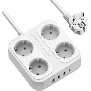 Multiprise Electrique,Bloc Multiprise 8 Prises(3680W 16A) avec 4 Ports USB Chargeur (3 USB A+1 USB C) Prise Multi Parasurtenseur Parafoudre et Surtension avec Interrupteur Cable 2m-Blanc - Neuf