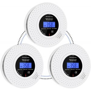 Détecteur de Fumée et de Monoxyde de Carbone interconnecté sans Fil, Détecteurs de Fumée pré-connectés, Pile AA remplaçable Incluse, Alarme pour Fumée et CO avec écran LCD, Lot de 3 - Neuf
