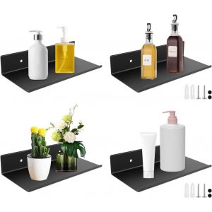 CAUC-4 Pi&egrave;ces Tablette Flottante Noire 20 cm &Eacute;tag&egrave;res Murales en M&eacute;tal, &Eacute;tag&egrave;re Murale Noire &Eacute;tag&egrave;re de Douche Murale Rectangulaire &Eacute;tag&egrave;res Flottantes avec Vis pour Cuisine, Chambre, Salon, Bain - Neuf