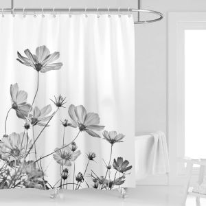 (180*200CM) 1 Pi&egrave;ce Noir et Gris Floral Rideau de Douche, Gris Daisy Impression de Fleur Imperm&eacute;able Rideau de Douche Blanc &Eacute;l&eacute;gant de fleurs sauvages de la Conception Imperm&eacute;able &agrave; l'eau de Tissu de Polyester avec Crochet en Plastique - Neuf