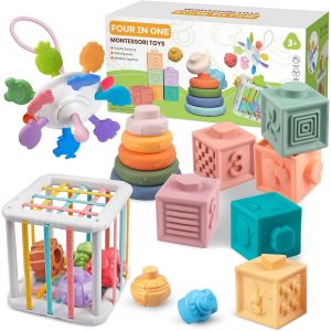 ChenQuanSarl-4 En 1 Jouet Bebe, Jeux Montessori Bébé Eveil - Cube D'Activité Bébé - Silicone Souple | Cadeau Bebe Jeux Educatif - Neuf
