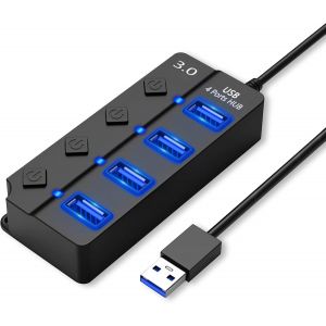 USB 3.0 Hub avec Interrupteur Séparé et des Lumières de LED, 4 Port Hub USB Alimenté par l'Adaptateur pour le Transfert Rapide de Données et de Charge - Neuf