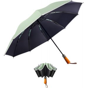 Parapluie R&eacute;tro - Pliant Anti - Uv Coupe - Vent Bande R&eacute;fl&eacute;chissante Poign&eacute;e En Bois Massif Auto - Ouverture Parapluie De Voiture - Neuf
