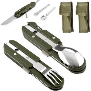 Eryi-Vaisselle Pliante En Acier Inoxydable 5 En 1, 2 Pièces Outils De Camping En Plein Air, Couvert Multifonction Amovible, Pour La Randonnée En Plein Air Pique-Nique Voyage - Neuf