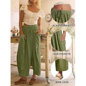 Pantalon Fluide Femme Été Pantalon Lin Femme Large Pantalon Femme Taille Elastique Pantalon Palazzo Taille Haute Décontracté Pantalons Plage Jogging Sport Yoga Pants Coton Casual Cordon Poches - Neuf