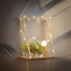 CAUC-Etagere Murale Bois.Deco Boheme Etag&egrave;re Murale.Gland tiss&eacute; &agrave; la Main Macram&eacute; Mural.D&eacute;cor Mural avec guirlandes Lumineuses LED.adapt&eacute; &agrave; Decoration Salon,D&eacute;coration Murale,D&eacute;coration Chambre - Neuf