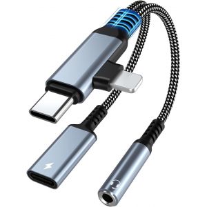 LORANKA-2 en 1 Adaptateur Light-ning + USB C vers Jack 3.5mm PD 60W Charge Rapide Adaptateur Casque Type C Adaptateur C&acirc;ble Audio &Eacute;couteur Hi-Res Aux C&acirc;ble pour i-Phone 16 15 Plus Pro Max iPad Samsun - Neuf