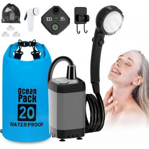Letnerny-Portable Camping Douche, Pompe De Douche De Camping Avec Rechargeable 6000mah Batterie Et Indicateur De Température, Tête De Douche Multifonctionnelle Et Tuyau 2m, Bac Pliant 20l - Neuf
