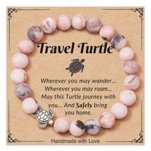 Bracelet Tortue De Voyage En Pierre Turquoise Et Z&egrave;bre Rose - Cadeau Id&eacute;al Pour Femme - Neuf