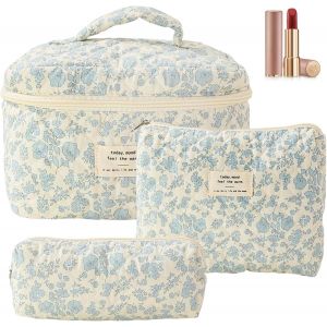 MAA-Lot de 3 trousses de maquillage de voyage pour femme, trousse de maquillage matelassée, grande trousse cosmétique avec fermeture éclair, bleu, Trousse de toilette à fleurs - Neuf